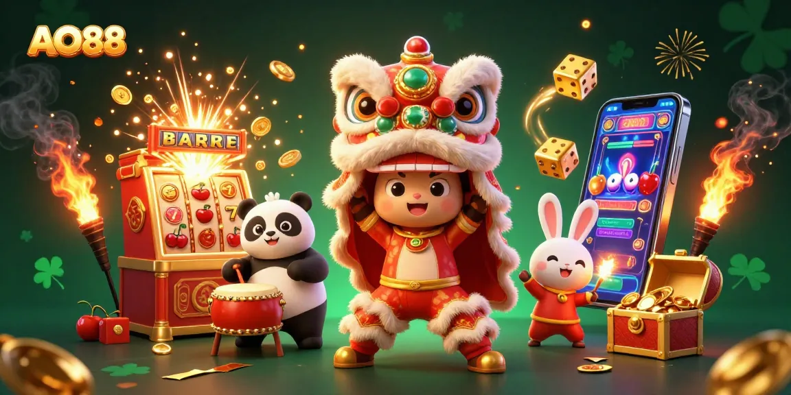 Experience the excitement of AO88 with vibrant characters and casino elements bursting in a joyful celebration.