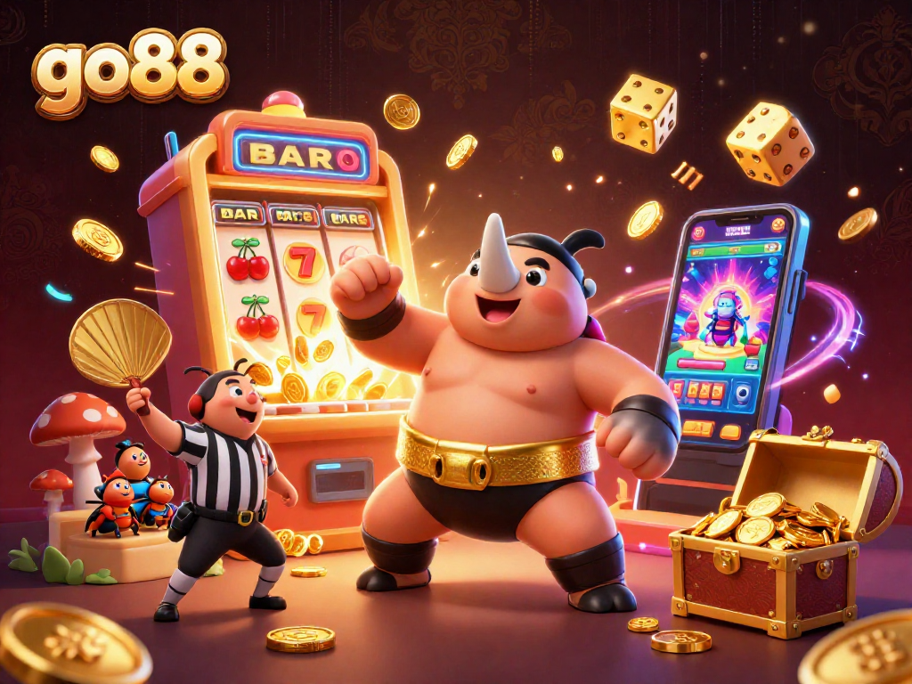 Experience winning moments at go88 with a dynamic 3D sumo beetle champion amidst a jackpot explosion.
