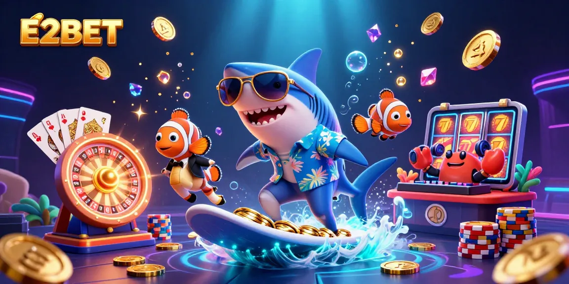 E2BET showcases exciting gambling with a shark surfing on gold coins, vibrant casino elements.