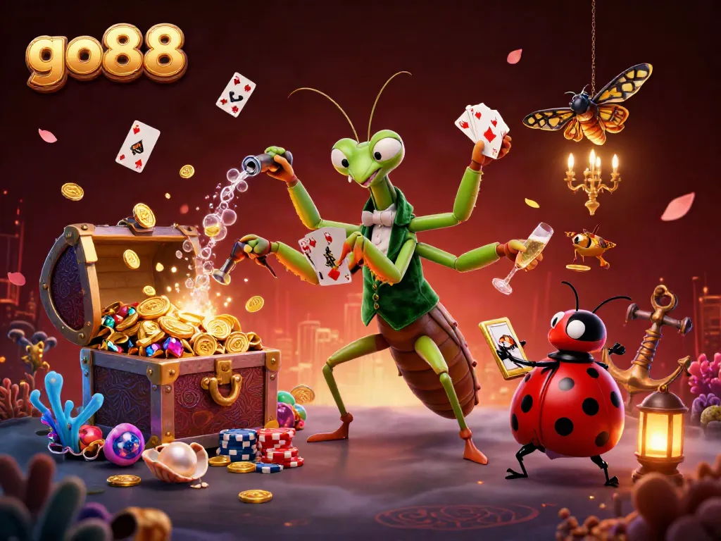 Engage in go88's exciting atmosphere with a lively mantis dealer, ladybug pit boss, and vibrant casino elements.