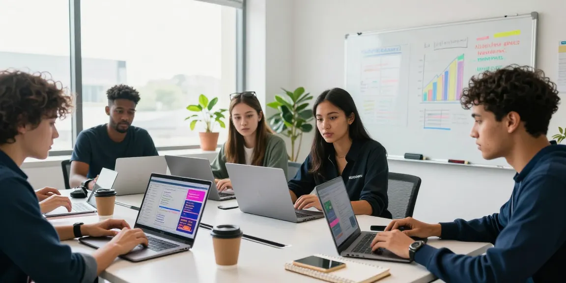 Agents collaborating for Together Winbox in a modern workspace with analytics on laptops.