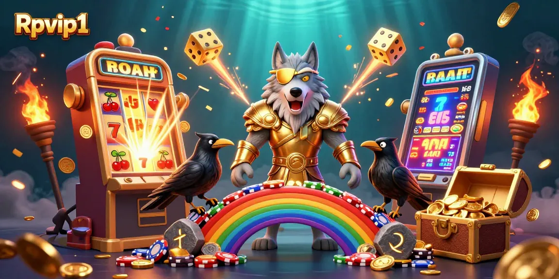 Terlibat dengan jackpot yang menarik di Rpvip1, menampilkan ilustrasi bertema kasino dinamis penuh dengan simbol-simbol kemenangan.