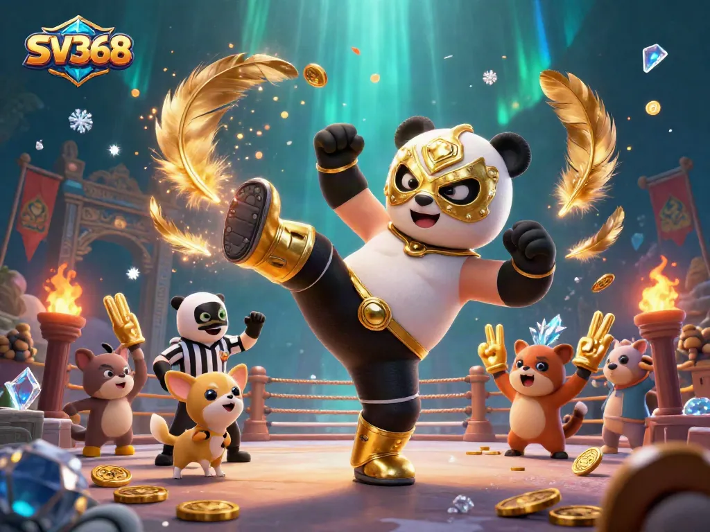 Engage with exciting betting action at SV368, featuring a vibrant wrestling scene surrounded by colorful casino elements.