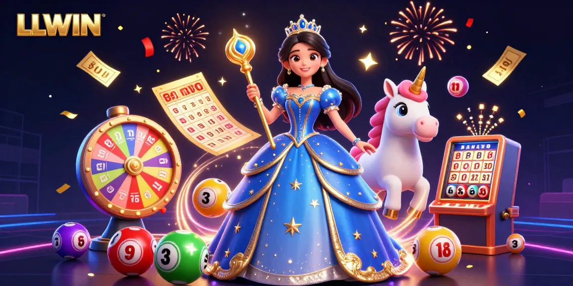 Experience captivating gaming with LLWIN as colorful lottery balls bounce around a glamorous scene.