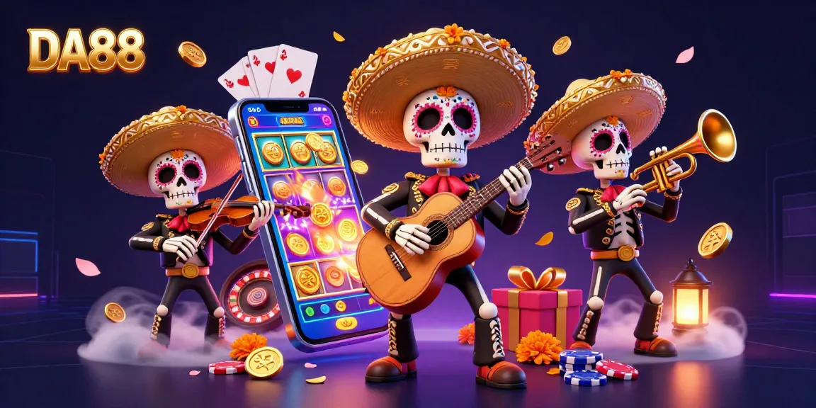 Engage with DA88's vibrant casino atmosphere featuring a mariachi band, slots, and golden coins.