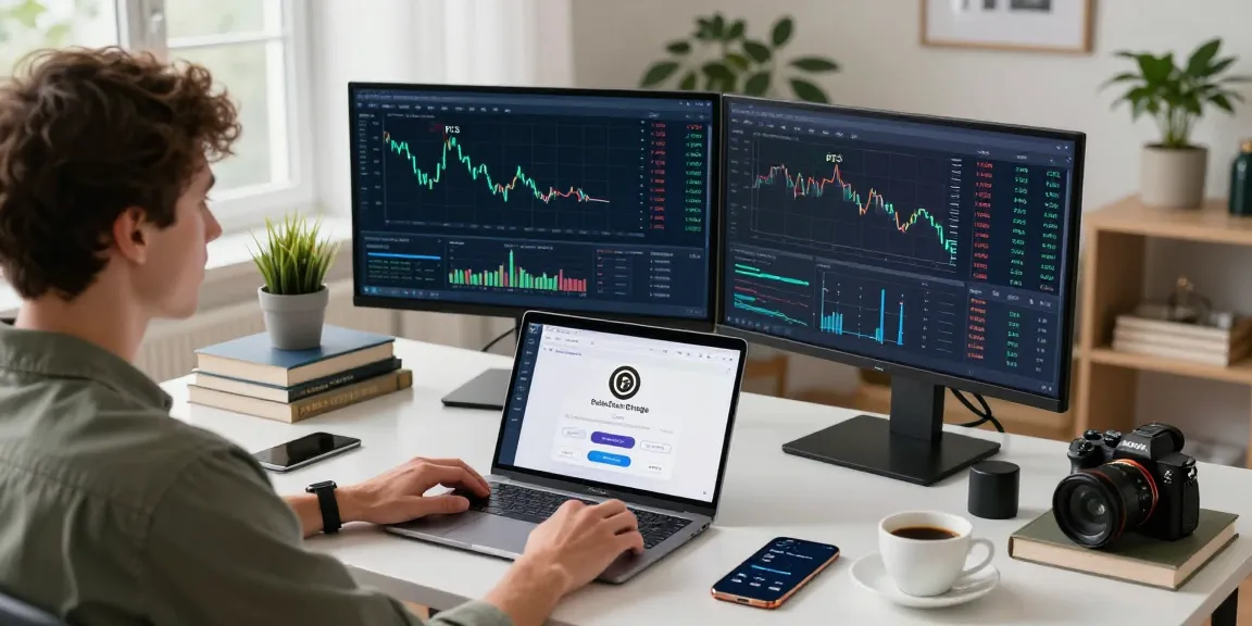 PulseChain Bridge trading scene with live cryptocurrency charts and user-friendly interface in modern home office.