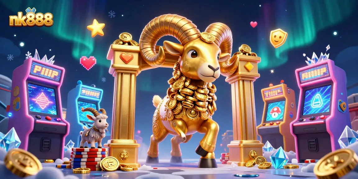 Experience thrilling gameplay with nk888 in this vibrant casino illustration featuring a golden ram and arcade machines.