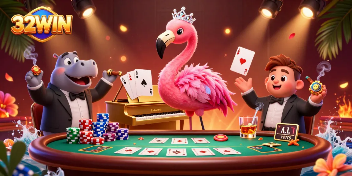 Experience the thrill of 32WIN with vibrant casino characters surrounded by poker elements and immersive atmosphere.