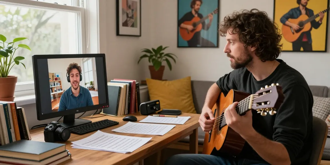 Classical guitar teacher online demonstrating techniques in a cozy home studio.