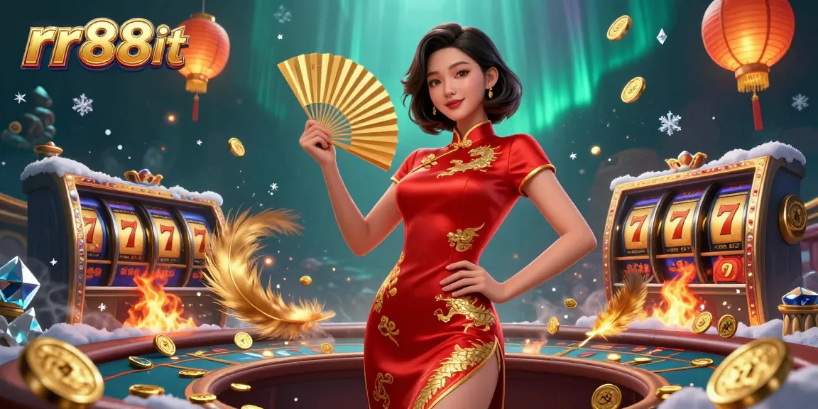 Engage with thrilling slot games on rr88it showcasing a confident Asian woman in a qipao amidst gold coins and vibrant lanterns.