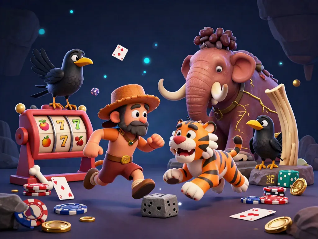 Experience thrilling gameplay at 8KBET with a cartoon-style prehistoric casino scene featuring engaging characters and dynamic casino elements.