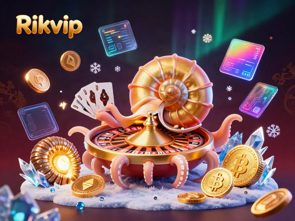 Experience thrilling gameplay at Rikvip with a vibrant scene of a nautilus roulette and glowing cryptocurrency elements.
