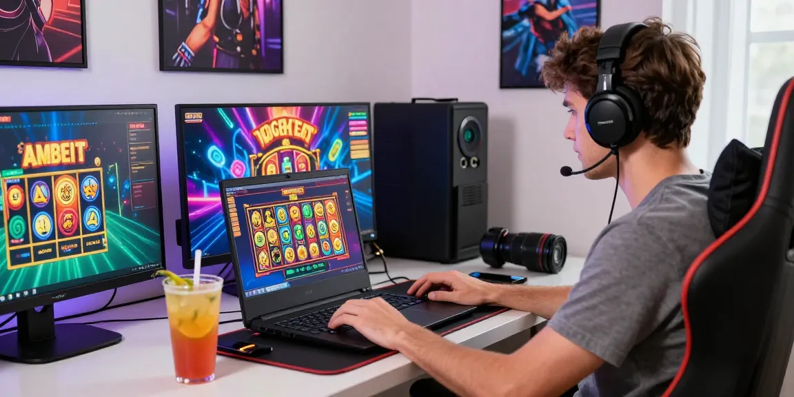 BazaWin player enjoying online games in a vibrant home office setting with gaming accessories and colorful graphics
