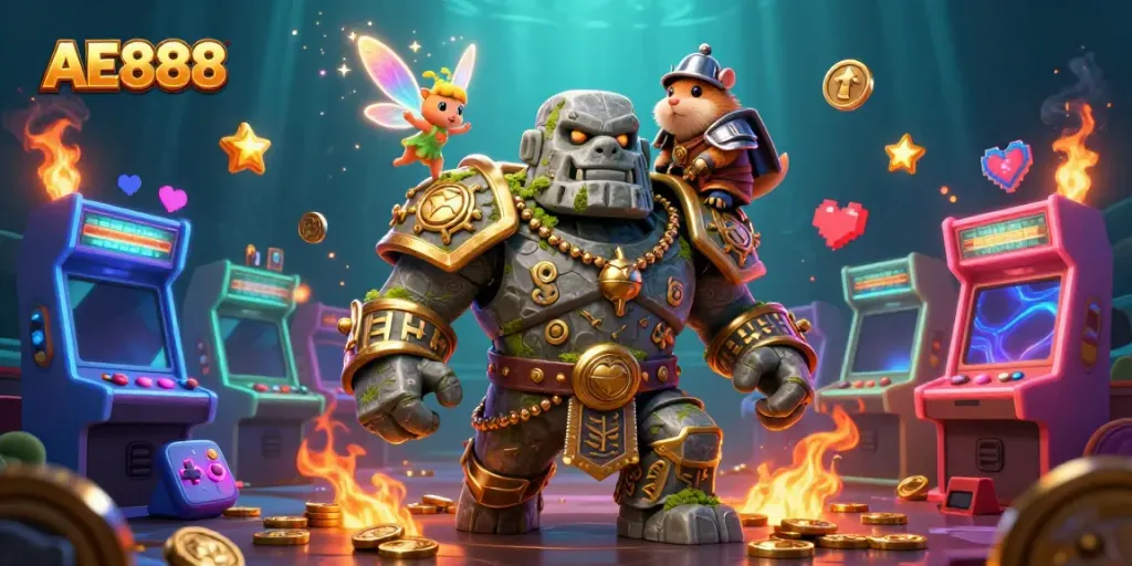 Experience the magical AE888 adventure with a golem guardian, fairy, and hamster knight in a vibrant casino scene.