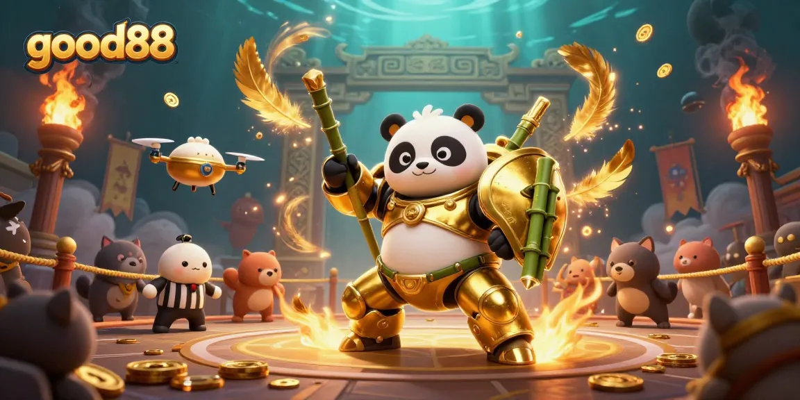 Engage with good88 in a vibrant 3D illustration of a casino mech battle arena, showcasing exciting game elements.
