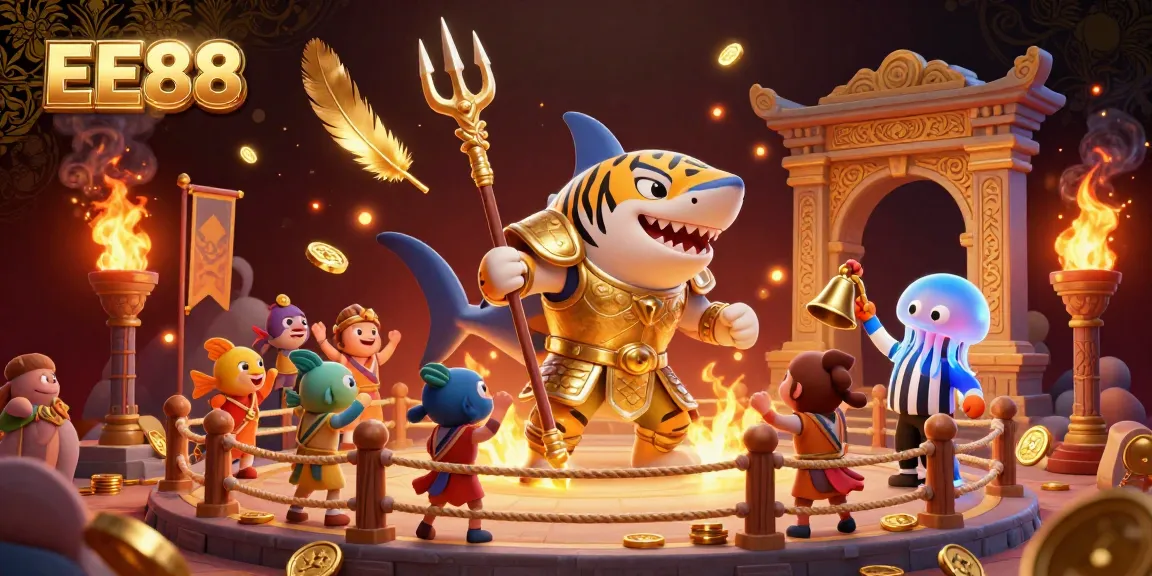 EE88 casino illustration showcasing a fierce shark in gladiator armor trident-fighting in an underwater colosseum.
