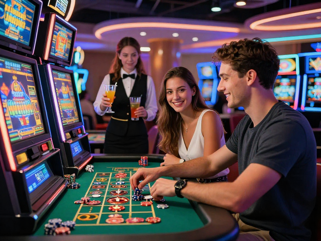 Giovane coppia che si diverte in un casinò non AAMS con slot machine e tavolo della roulette.