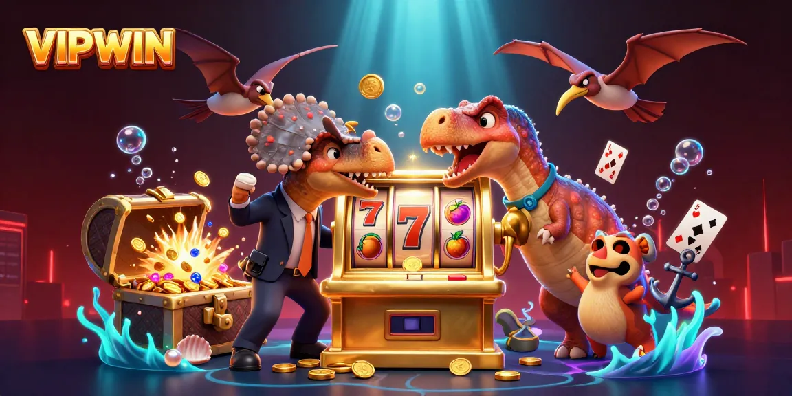 VIPWIN showcases a pachycephalosaurus celebrating a slot win amidst gold coins and a playful underwater scene.