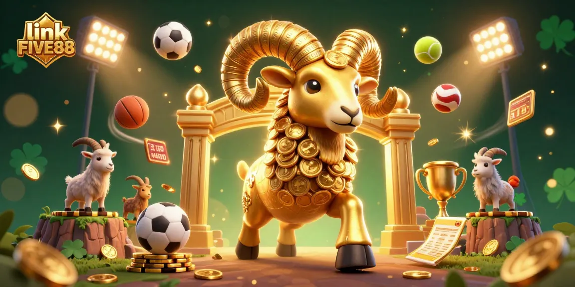 Engage with link FIVE88 through thrilling casino experiences featuring a golden ram and sports elements.