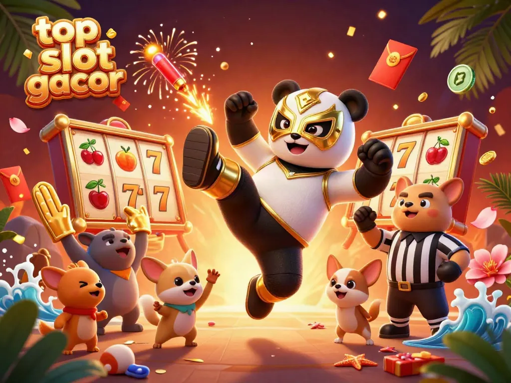 Memenangkan permainan top slot gacor dengan panda pejuang mengenakan topeng emas melakukan tendangan, dikelilingi elemen casino.