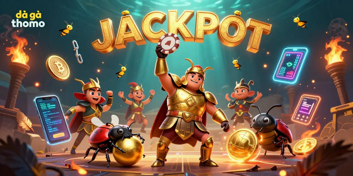 Watch the exciting đá gà thomo showdown in this vibrant illustration with beetles and neon coins.