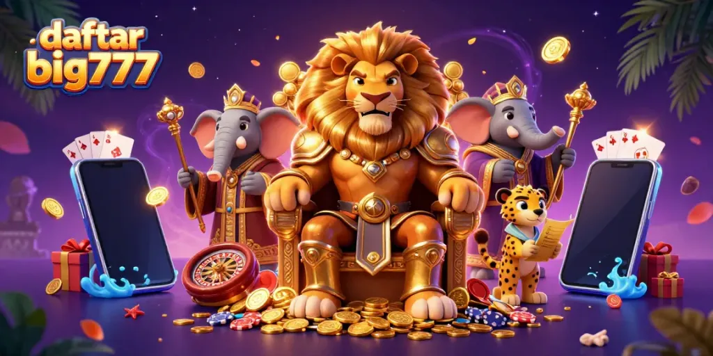 Engage with daftar big777 as the lion king and friends celebrate winning at slot games surrounded by gold coins.