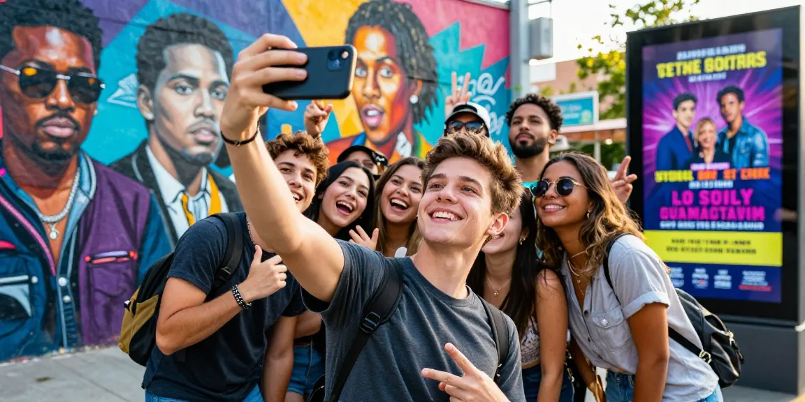 Young person taking a selfie discovering look alikes of famous people with friends in vibrant city.
