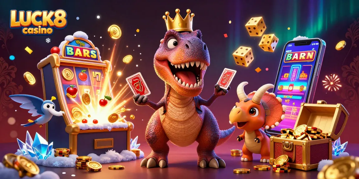 Experience the thrill of LUCK8 casino with a vibrant, fun-filled scene of cartoon dinosaurs engaging in gambling.