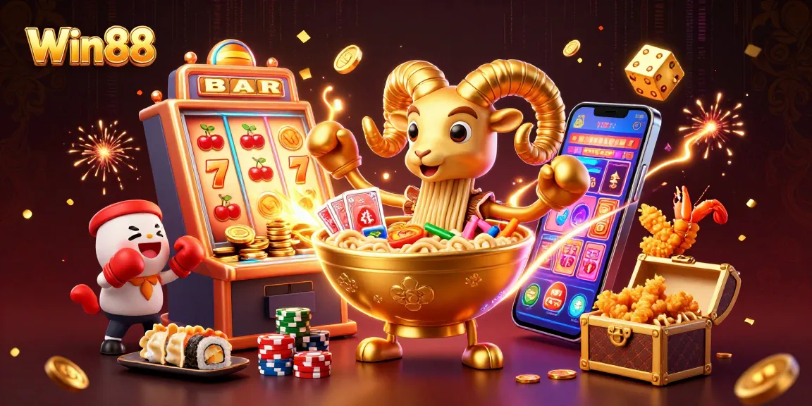 Win88 offers thrilling moments with a giant ramen bowl dealing cards amid a vibrant casino scene.