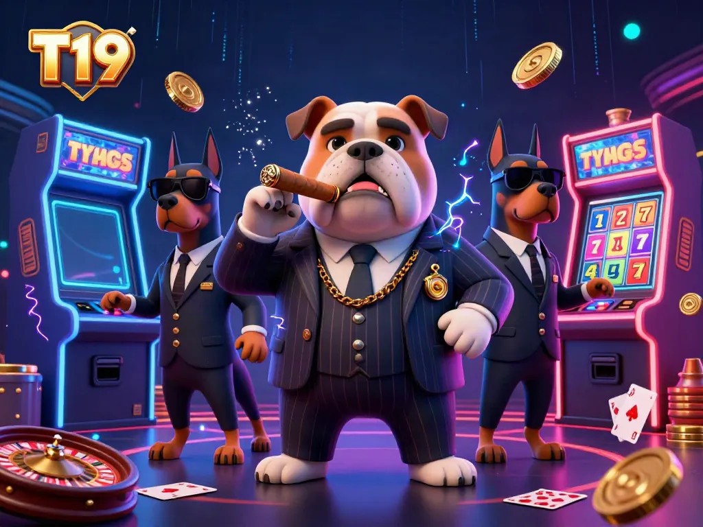 Experience the thrill of T19 with a mafia boss bulldog amidst vibrant casino games, glowing slot machines, and rich graphics.