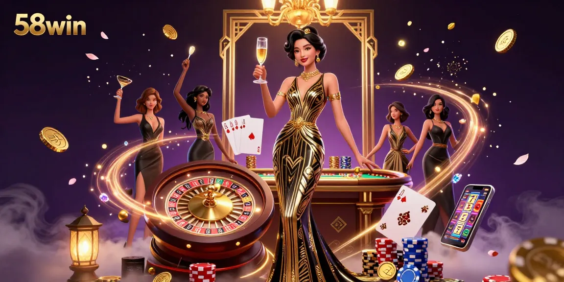 Bet on excitement with 58win's vibrant casino scene featuring golden coins and roulette action.