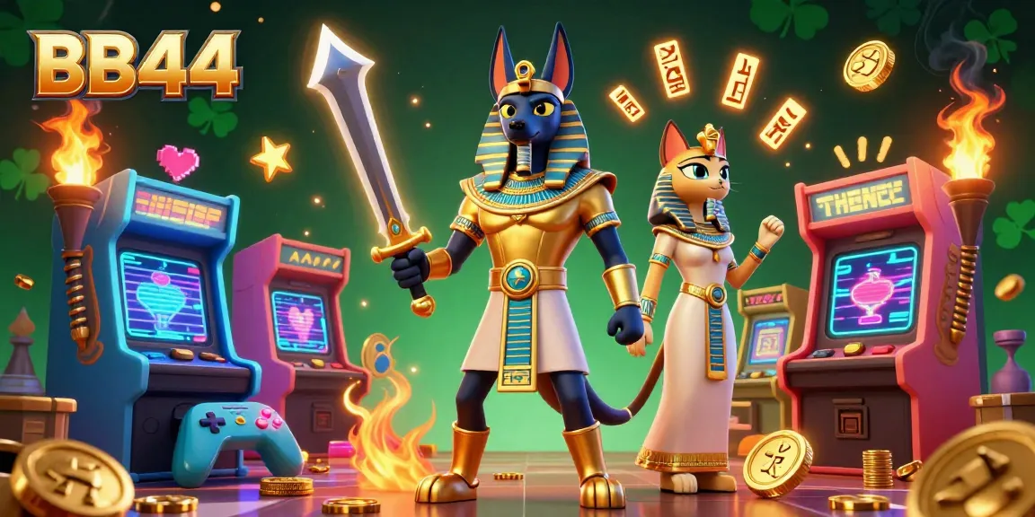Engage in thrilling gaming at BB44 with Anubis and Bastet surrounded by vibrant arcade game elements.