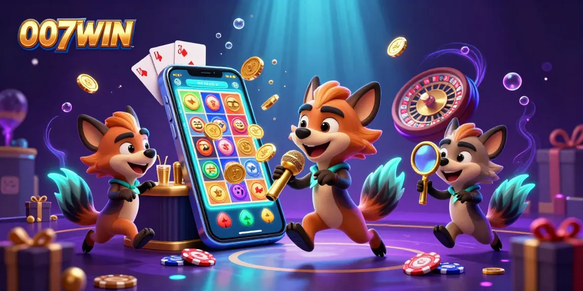 Experience the vibrant casino atmosphere of 007WIN with lively hyenas engaging in games and comedy.