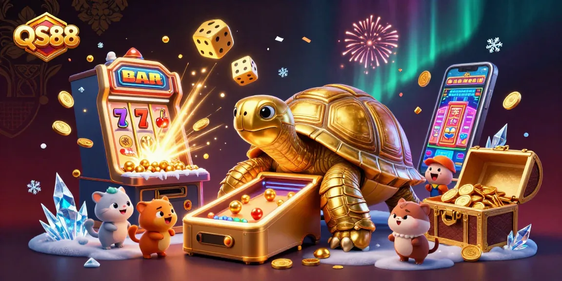 Experience thrilling gambling at QS88 with a vibrant 3D casino illustration featuring a colossal golden tortoise.