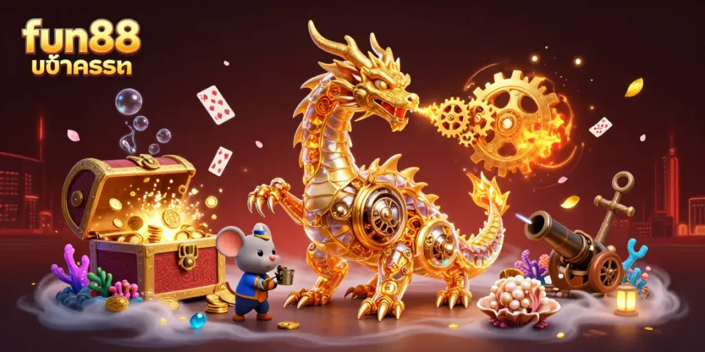 Experience fun88 เข้าระบบ with vibrant gold-themed casino adventure showcasing a biomechanical dragon.