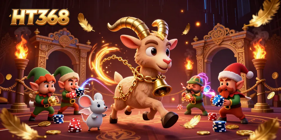 HT368 casino scene with Krampus goat, angel mouse, and elf gremlins creating chaos.