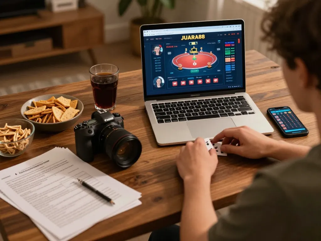 Playing poker on JUARA88 online platform with cozy gaming setup and strategy notes.