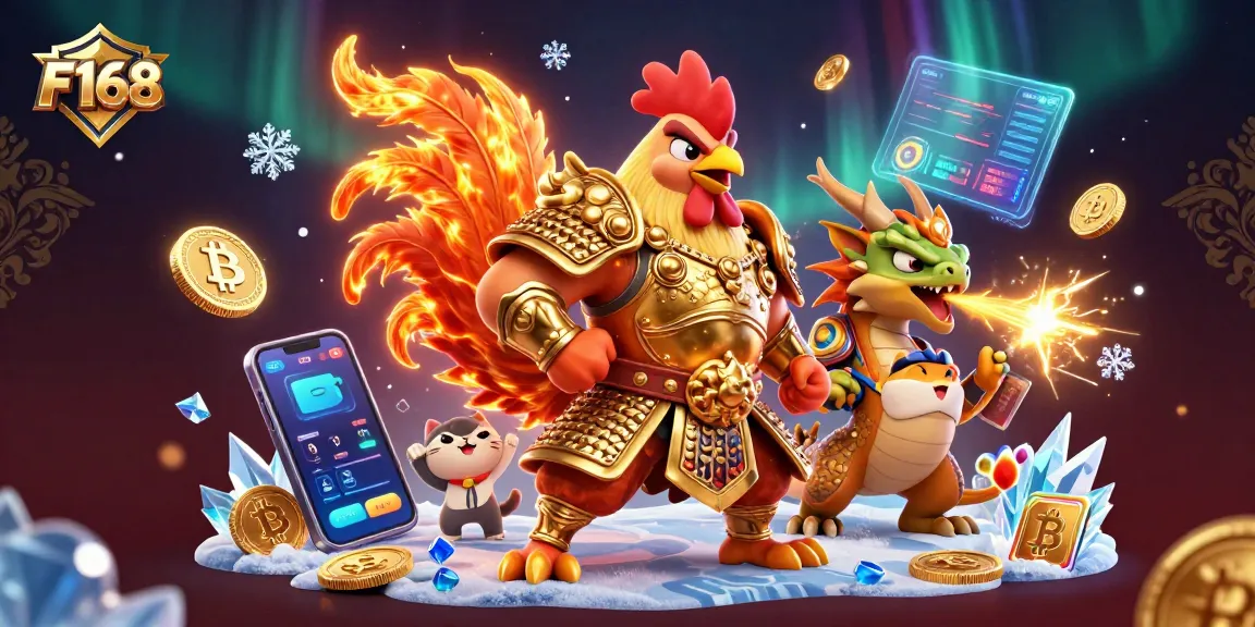 Experience thrilling gaming adventures at F168 with an armored dragon and fighting rooster warrior energizing the casino!