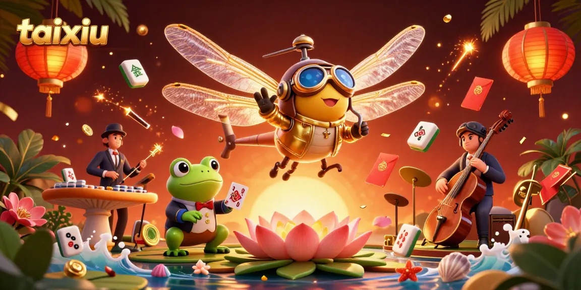 Experience thrilling taixiu gameplay with a dragonfly pilot, frog croupier, and jazz musicians in a vibrant casino scene.