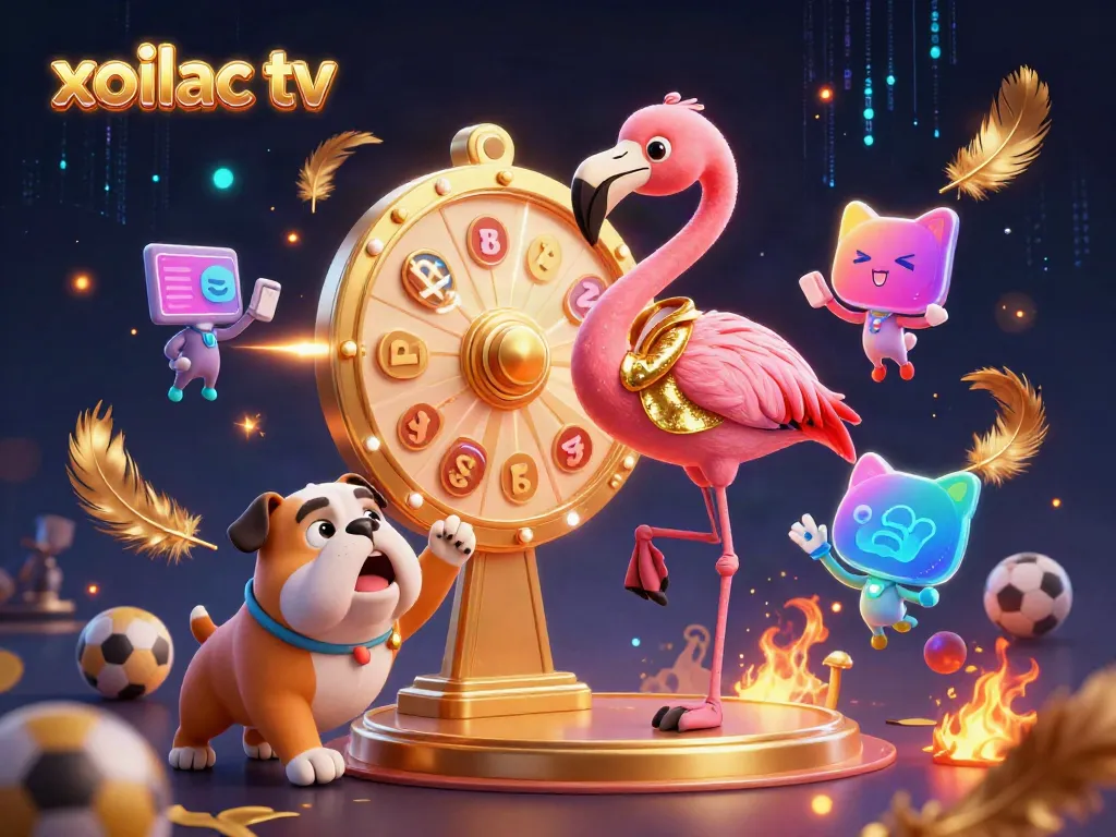 Engage with xoilac tv's vibrant gaming scene featuring an animated game show host, contestant, and scoreboard assistant.