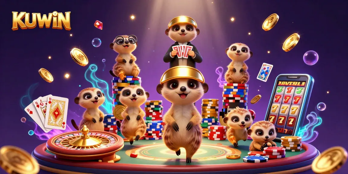KUWIN meerkats managing a playful casino with golden coins and poker chips in a vibrant cartoon scene.