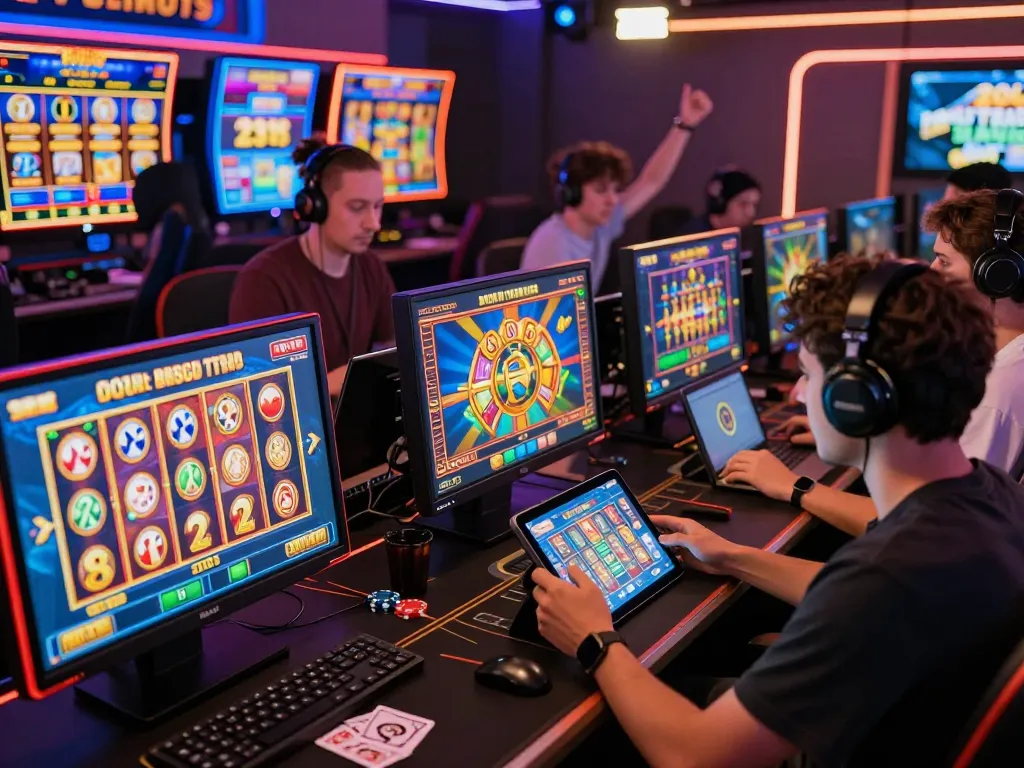 Exciting Zeus138 online gaming scene showing diverse players engaged in slot games, capturing the thrill of gambling.