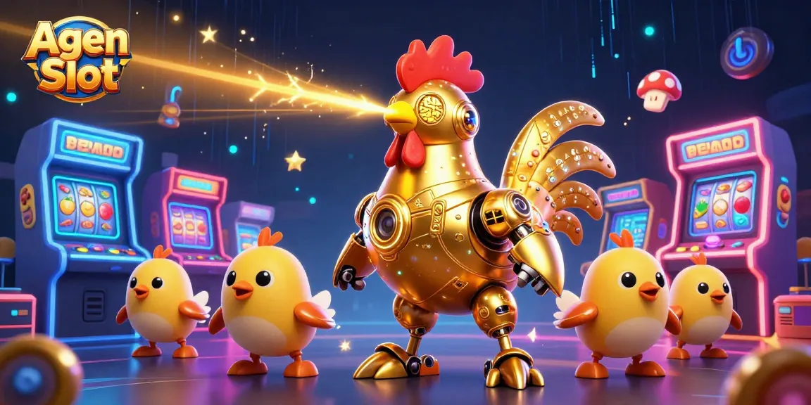 Agen Slot features a dynamic scene with a golden rooster robot and gaming elements integrated with casino symbols.