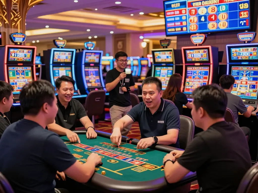Players enjoying the excitement of toto togel gaming in a lively casino atmosphere, celebrating wins amidst colorful slot machines and vibrant lights.