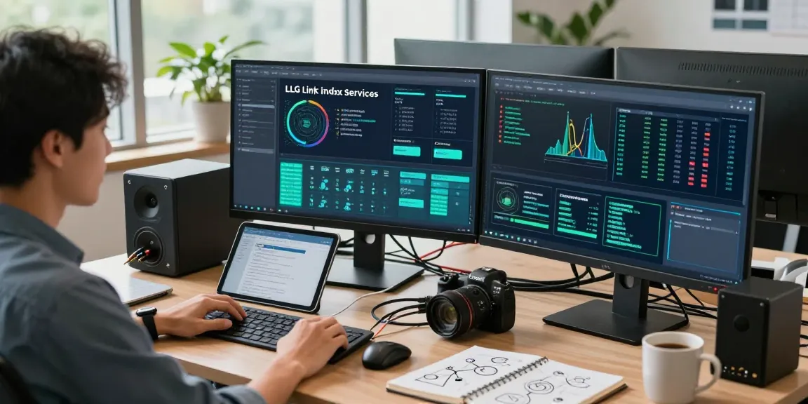 IT professional configuring LLG link indx services on dual monitors in a modern tech workspace.