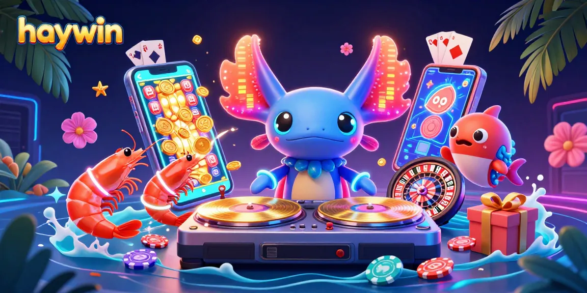 Experience an exciting gaming scene with haywin, featuring a neon-colored axolotl DJ, slot games, and vibrant casino elements.