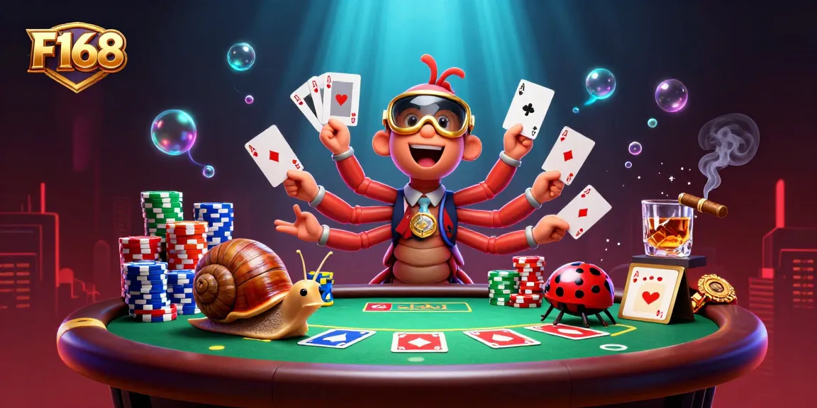 F168 showcases a vibrant dealer scene with characters navigating bright poker action and excitement.