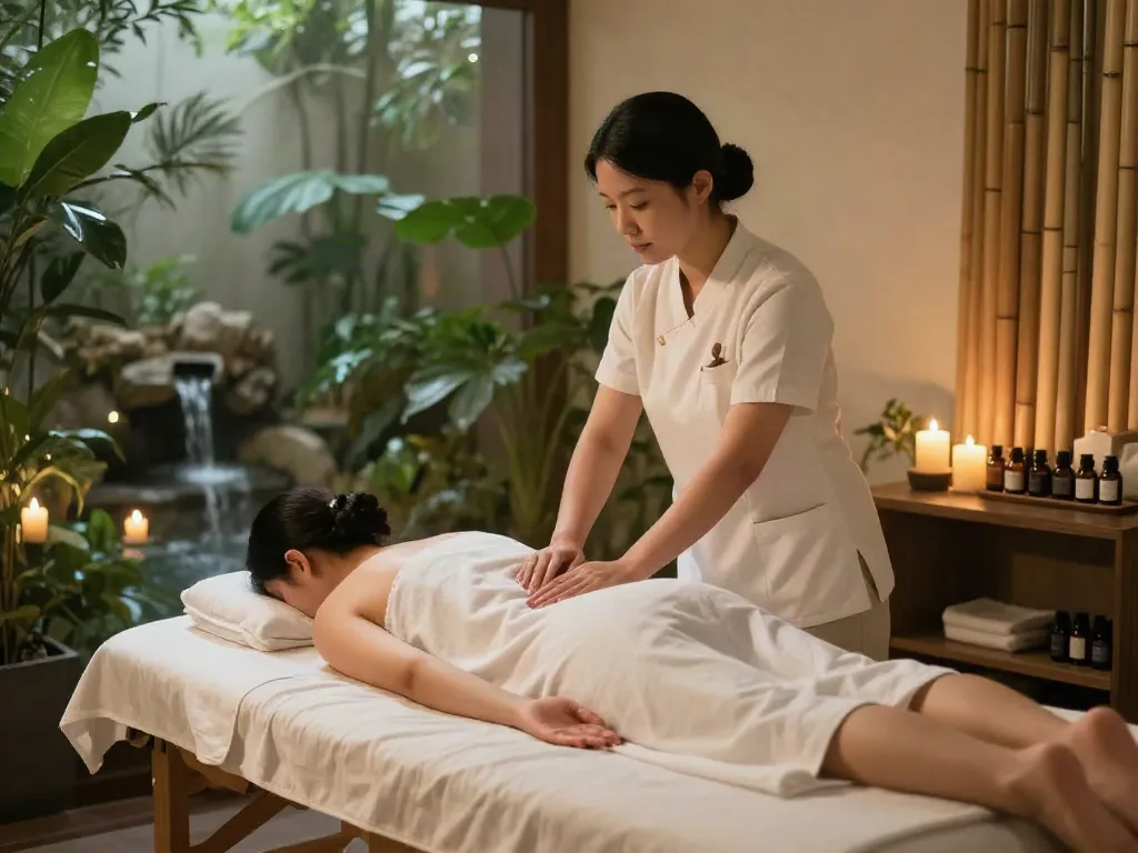 Expert therapist performing 일산출장마사지 in a tranquil spa with candles and plants.