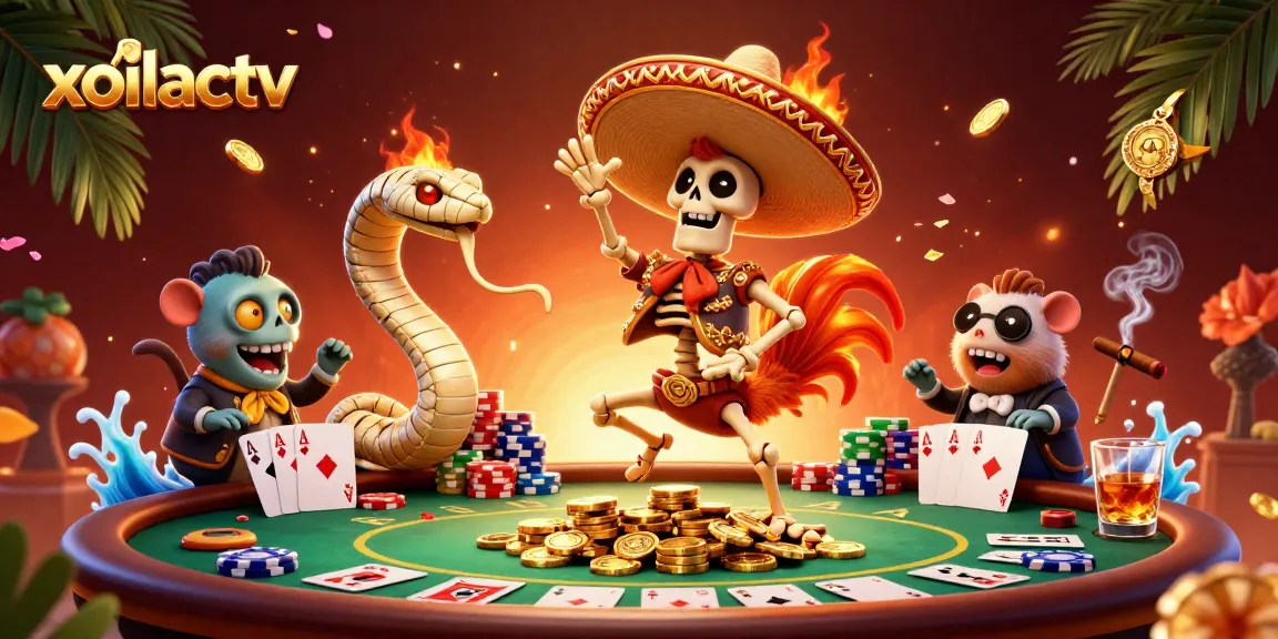 Experience the excitement of xoilactv with a vibrant casino scene featuring a mariachi rooster, poker elements, and golden coins.