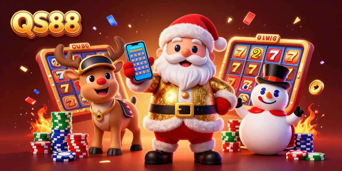 Experience the excitement of QS88's jackpot slots with festive characters in a vibrant casino scene.